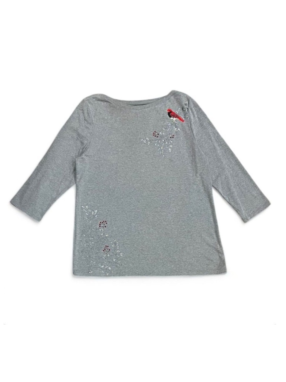Croft & Barrow Embroidered Cardinal Embellished Top with Red Rhinestones Size XL